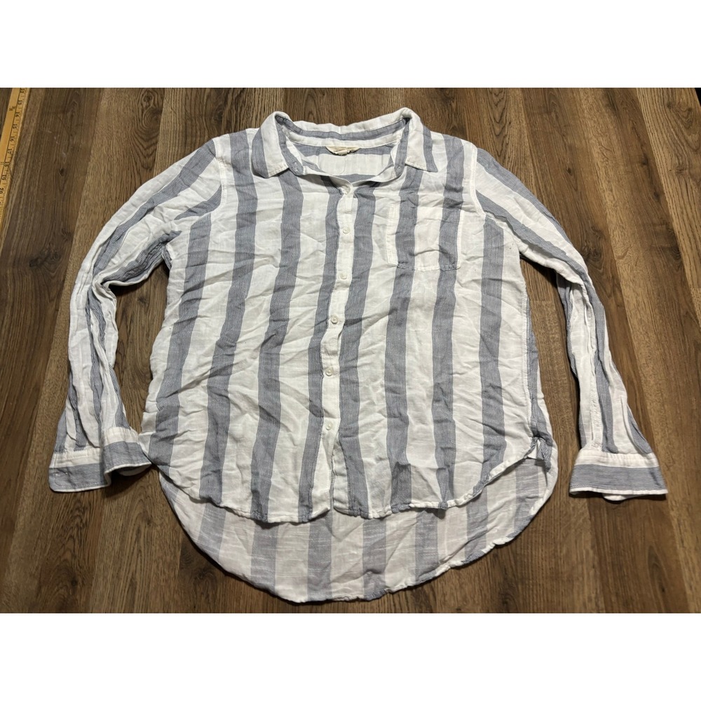 Lucky Brand Shirt Womens L Blue Striped Button Up Long Sleeve High Low Pocket